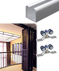 Sliding Folding Door Gear System For 3 Panels With 90 To 300 Cm Tracks Silent Rollers Stainless Steel For Wood 25 To 45 Mm Thick Fast Install No Bottom Track Totally Smooth Ride Really Easy Clean For Your Kick Ass House Upgrade. Track and rollers in interior use.