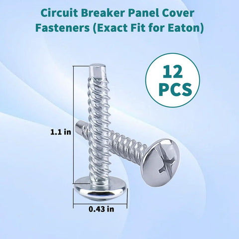 Heavy Duty Twelve Pack Zinc Plated Load Center Cover Screws Built Tough For Reliable Eaton Qo Homeline Murray Electrical Panel Replacement Hardware And Durable Construction For Weekend Warrior Projects, showing two screws with dimensions.