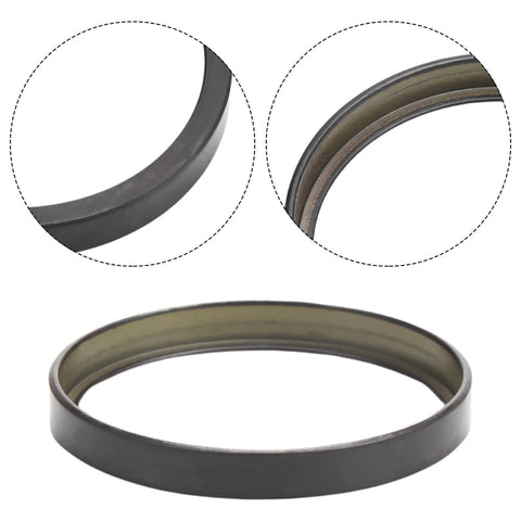 Side view of black metal wheel speed sensor tone ring for Versa rear ABS; bronze inner bore.