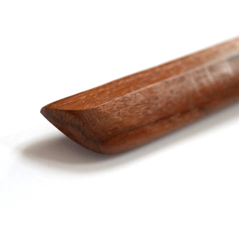 Close-up of the hardwood tip of the Wooden Bokken With Rope Wrapped Grip And Plain Natural Saya For Iaido And Aikido Training, 101 cm length