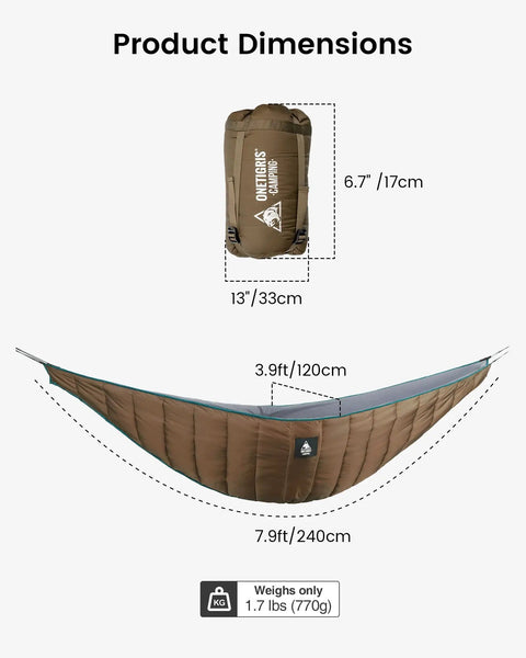 Hideout Hammock Underquilt Full Length dimensions and weight, showing packed size and open quilt length for camping and hiking
