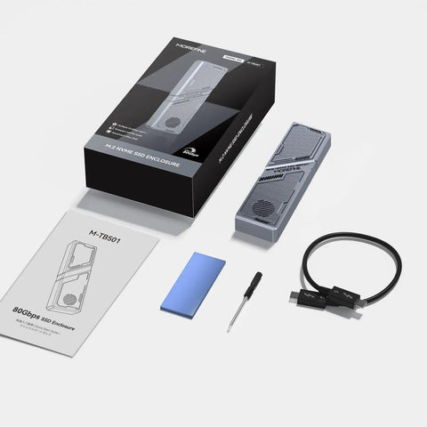 Smooth Operator M2 Nvme Ssd Enclosure With Built In Cooling Fan delivering fast Thunderbolt 5 speeds, included accessories and packaging.