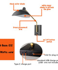 Plug In Wall Sconce With Swing Arm, USB Charging Port, Matte Black Finish, labeled diagram highlighting features and ports.