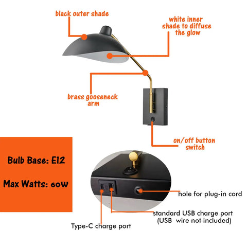 Plug In Wall Sconce With Swing Arm, USB Charging Port, Matte Black Finish, labeled diagram highlighting features and ports.