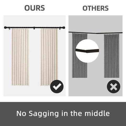 Comparison of Five Eighth Inch Curtain Rod Set For Windows 32 To 48 Inches Matte Black Heavy Duty with other rods showing no sagging.