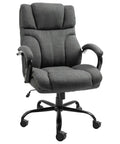 Gray cushioned office chair with armrests and caster wheels, featuring adjustable height mechanism, suitable for office use.