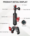 Detail of Dope Camera Mount Clamp With Dual Ball Heads showing aluminum alloy and 360° adjustable knobs