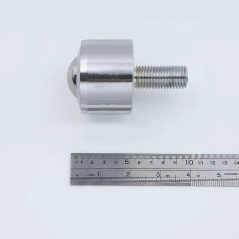 Ball Caster Roller Transfer Bearing Unit With Stud Mount And Thread Stem, 1.77 Inch Diameter, Heavy Duty Bearing Steel, Ball Transfer For Appliances And Machinery, 992 Lb Total Load Capacity, Silver shown with ruler