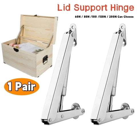 Heavy Duty Lid Support Hinges With Soft Close Gas Struts For Cabinets shown with open wooden chest