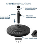 Heavy Duty 90 Lb HDPE Round Patio Umbrella Base for 1.5 to 1.9 Inch Poles Adjustable Fill Weighted Umbrella Stand parts shown