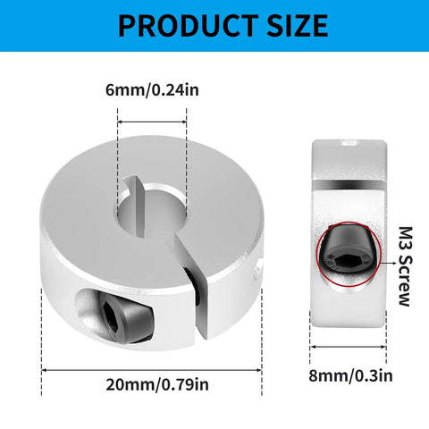 Split Shaft Collar Set Of 4, 6mm Bore Aluminum Locking Collars With M4 Screws, 20mm Outer Diameter, 8mm Thick, One Piece Split Design That Locks In Place And Keeps Standard Shafts Secure shown with size dimensions