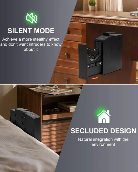 0.1 Second Quick Access Pistol Safe With Auto Sliding Door Triple Access Biometric Fingerprint, Digital PIN, No Fuss Emergency Key Heavy Duty Nightstand Safe For Home Bedside Desk Or Truck Secure Handgun Security Box mounted beside a bed and desk.
