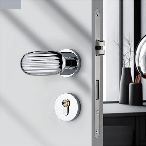 Quiet Zinc Alloy Gold Room Door Lock For Indoor Bedroom And Home Security Low Key Split Doorknob Hardware shown in modern interior