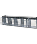 Five Bin Horizontal Tilt Bin Storage System With Clear Bins Dovetail Stackable Design For Office Breakroom Or Home Organization Gray Finish Keeps Supplies Visible And Handy