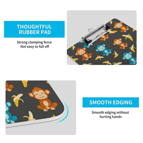 Thick Acrylic Clipboard for Office and Warehouse Durable Clipboard That Totally Holds US Letter or A4 Papers Hanging Hole Clear Desk Organizer for Notes, Sketches, and Everyday Work Banana Theme, monkey print, top clip