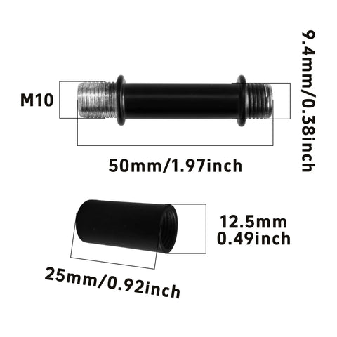 Top Tier Four Pack Black Lamp Stem Extension Kit Two Inch Straight Pipe Rods With Solid Couplings M10 Double Threaded Hardware, dimensions shown.