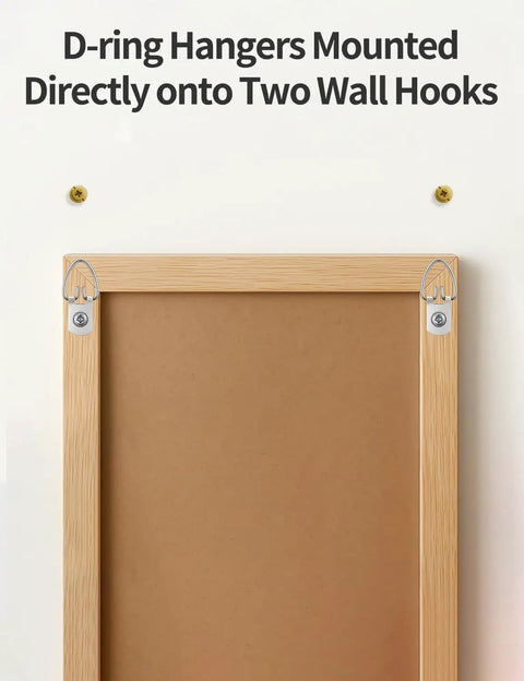 140 Piece Rock Solid D Ring Picture Hanger Screw Kit With Single And Double Hole D Rings For Hanging Heavy Frames Mirrors Canvas Wall Art With Easy Mounting Hardware For Quick Room Glow Up. D-ring hangers mounted on wall hooks.