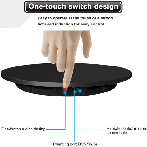 Close-up of one-touch switch on the Slick Black Electric Turntable Motorized Rotating Display Stand With Remote Control for photography.