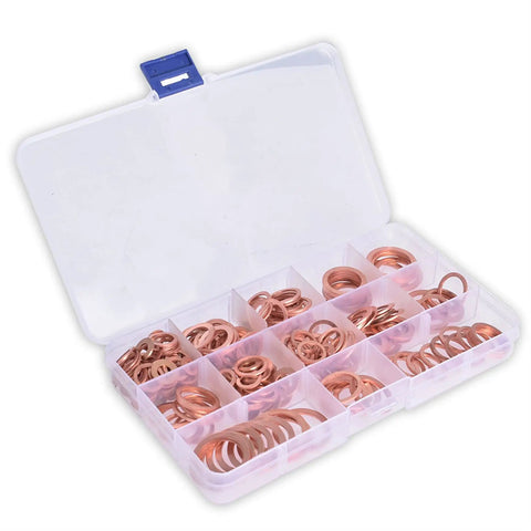 Premium Copper Washer Set 280 Pcs Solid Flat Washers Across 12 Sizes Pro Grade SAE Fit For Industrial And Electrical Projects in storage box