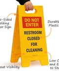 Do Not Enter Restroom Closed For Cleaning Two Sided Folding Floor Sign Plastic Heavy Duty Durable 25 By 12 Inches Red Black Yellow High Visibility Double Sided For Busy Hallways And Maintenance Areas, yellow front view