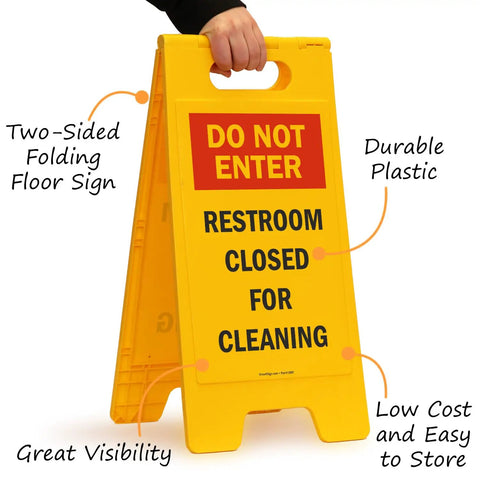 Do Not Enter Restroom Closed For Cleaning Two Sided Folding Floor Sign Plastic Heavy Duty Durable 25 By 12 Inches Red Black Yellow High Visibility Double Sided For Busy Hallways And Maintenance Areas, yellow front view