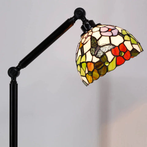 Tiffany Style Floor Lamp With Swivel Arm 72 Inch Tall Stained Glass Reading Light Antique Bronze Base Butterfly Flowers Shade