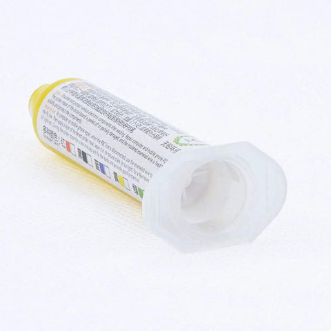 Yellow UV Soldering Paste Flux 10cc in syringe for PCB BGA circuit boards, angled view on white background