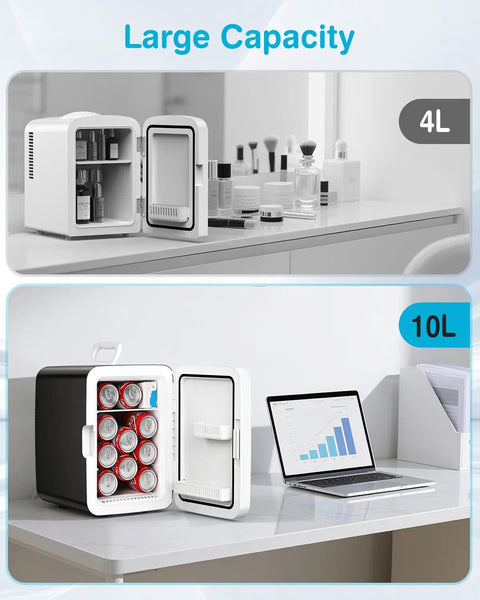 10L Portable Mini Fridge For Dorm, Office And Desk Use Black 2.6 Gal Compact Cooler With AC And DC Adapters shown open with cans and cosmetics.