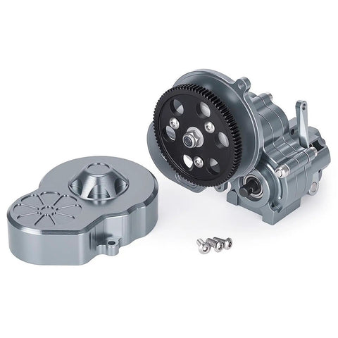 Aluminum Alloy RC Transmission Gearbox Kit For 1 To 10 Scale Crawlers Built Tough with visible components and screws.