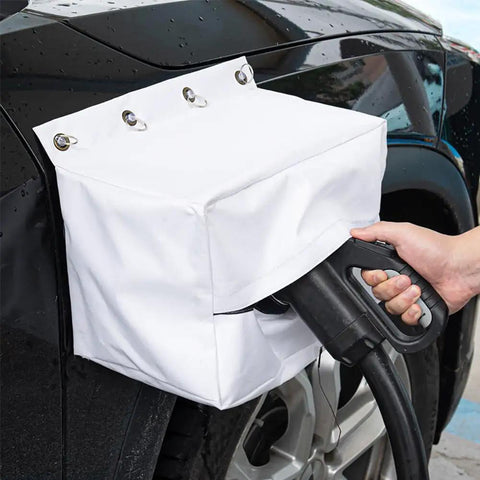 Straight Up Heavy Duty EV Charger Plug Cover Waterproof Outdoor Charging Port Protector Built Tough 600D Oxford Fabric in use with charger.