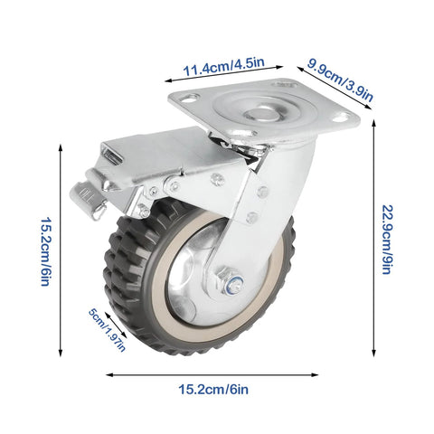 Front view of one uyoyous 6-inch heavy-duty swivel caster with mounting plate and brake lever