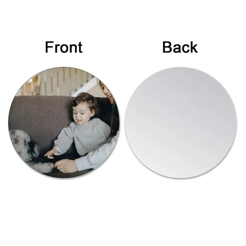 Front and back view of 4.2 Inch Round Sublimation Aluminum Sheets 0.01 Inch Thick Blank Metal Panels For Pictures And Signs Great For Diy Crafters Craft Projects And Custom Decor Available In 20 Pack 50 Pack Or 100 Pack