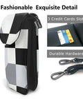 Slick Black And White Piano Plate Grid Print Crossbody Bag Crafted From Soft Water Repellent Synthetic Suede With Secure Strap showcasing credit card slots.