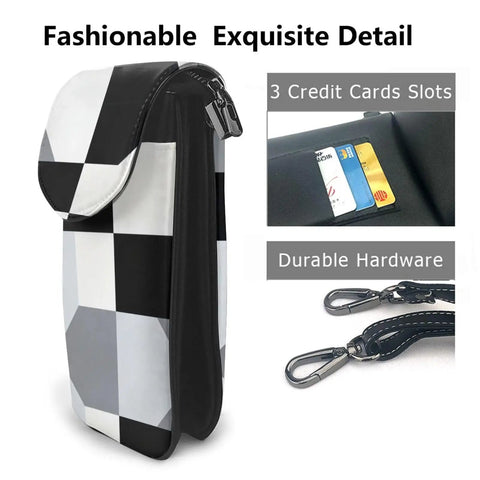 Slick Black And White Piano Plate Grid Print Crossbody Bag Crafted From Soft Water Repellent Synthetic Suede With Secure Strap showcasing credit card slots.