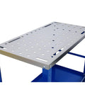 Rock Solid Carbon Steel Welding Table With Smart Tool Tray And Easy Rolling Locking Casters 36 By 18 Inches top view showing perforated surface.