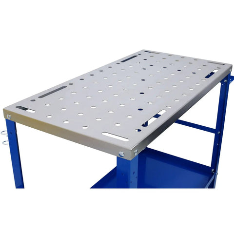 Rock Solid Carbon Steel Welding Table With Smart Tool Tray And Easy Rolling Locking Casters 36 By 18 Inches top view showing perforated surface.