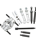 Heavy Duty Nine Piece Bearing Separator Puller Set For Gurus To Rip Worn Wheel Hubs Pinions And Axles Without Damage Built From Solid Steel Stored In Secure ABS Case For Smart Storage On Jobs Where Reliability Matters For Grease Monkey Work On Cars., 9-piece steel bearing puller kit with separator, jaws, rods and screws