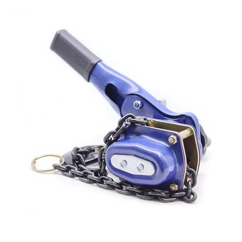 Heavy Duty 1 Ton Manual Chain Hoist With Pulling Wrench And Hand Lifting Hook For Easy Portable Inverted Tightening Up To 3 Meter Length, close-up of blue ergonomic handle and hook.