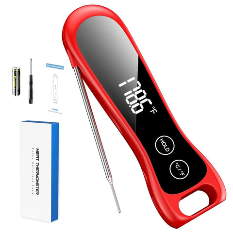 Digital Meat Thermometer With IP67 Waterproof Body And 180 Degree Foldaway Probe, with packaging and accessories.