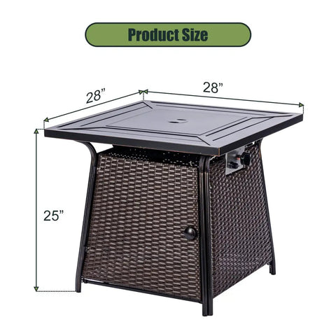 28 Inch Wicker Propane Fire Pit Table For Outdoor Use With 50,000 BTU Gas Fire Pit And Lid, Lava Rocks Included, size dimensions
