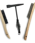Tough As Nails Welding Chipping Hammer With Comfort Grip Spiral Handle And Anti Rust Tempered Steel Head Plus Stainless Steel Wire Scrubbing Brushes For Mig TIG Cleanup Kit, featuring two wire brushes and a chipping hammer.