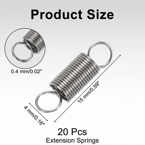 Top Grade 20 Piece Stainless Steel Extension Springs For Industrial Repair Jobs Durable And Corrosion Proof 304 Steel Wire Springs. Size 15mm/0.59in diameter.