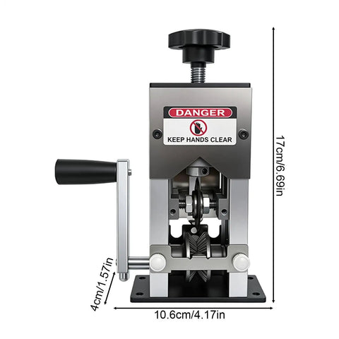 Heavy Duty Manual Wire Stripping Machine With Ergonomic Hand Crank And Drill Adapter. Dimensions shown for precise use.