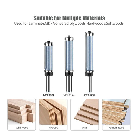 Premium Double Bearing Flush Trim Router Bit With 1/2 Inch And 12mm Shake for multiple materials like wood and MDF.