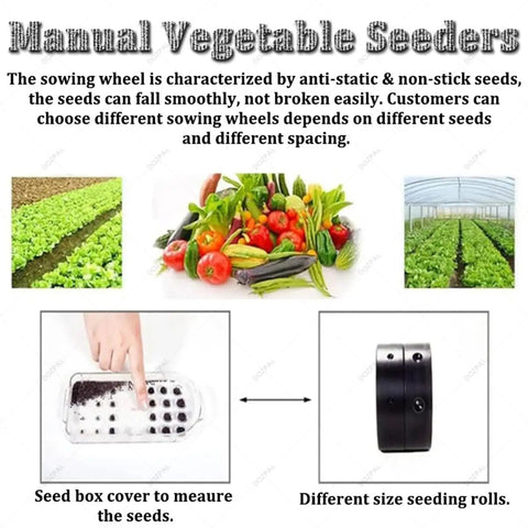 Manual Vegetable Seeder showing sowing wheel and seed box for Three To Six Row Precision Planter For Garden Seeds 2 To 10mm.