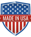 Made in USA shield badge showing blue field with white stars and red-and-white stripes.