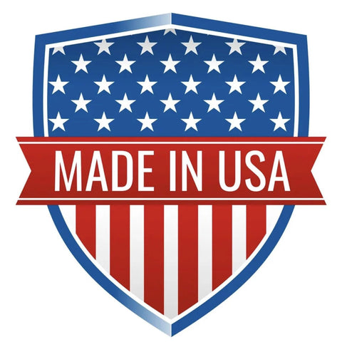 Made in USA shield badge showing blue field with white stars and red-and-white stripes.