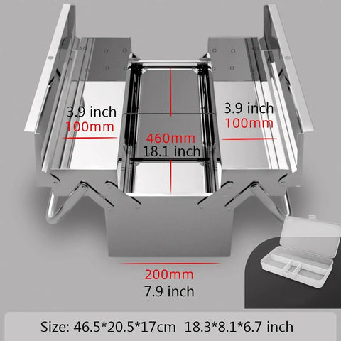 Top view of Sturdy Stainless Steel Toolbox With Multi Layer Lockable Cabinet And Handy Carry Handle For Home And Garage Tools Durable Rust Resistant Organizer For Easy Tool Storage And Quick Access, open to show compartments.