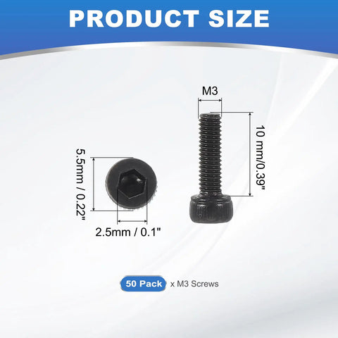 Top Notch 12.9 Grade M3 X 10Mm Hex Socket Head Capscrews With Hex Key Rugged Black Carbon Steel Bolts 50 Pack detailed size image.