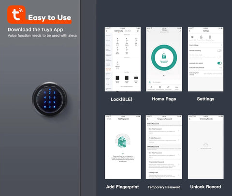 5 In 1 Fingerprint Smart Lock With Biometric Access, Black Finish, app interface showing lock settings and features, Tuya App